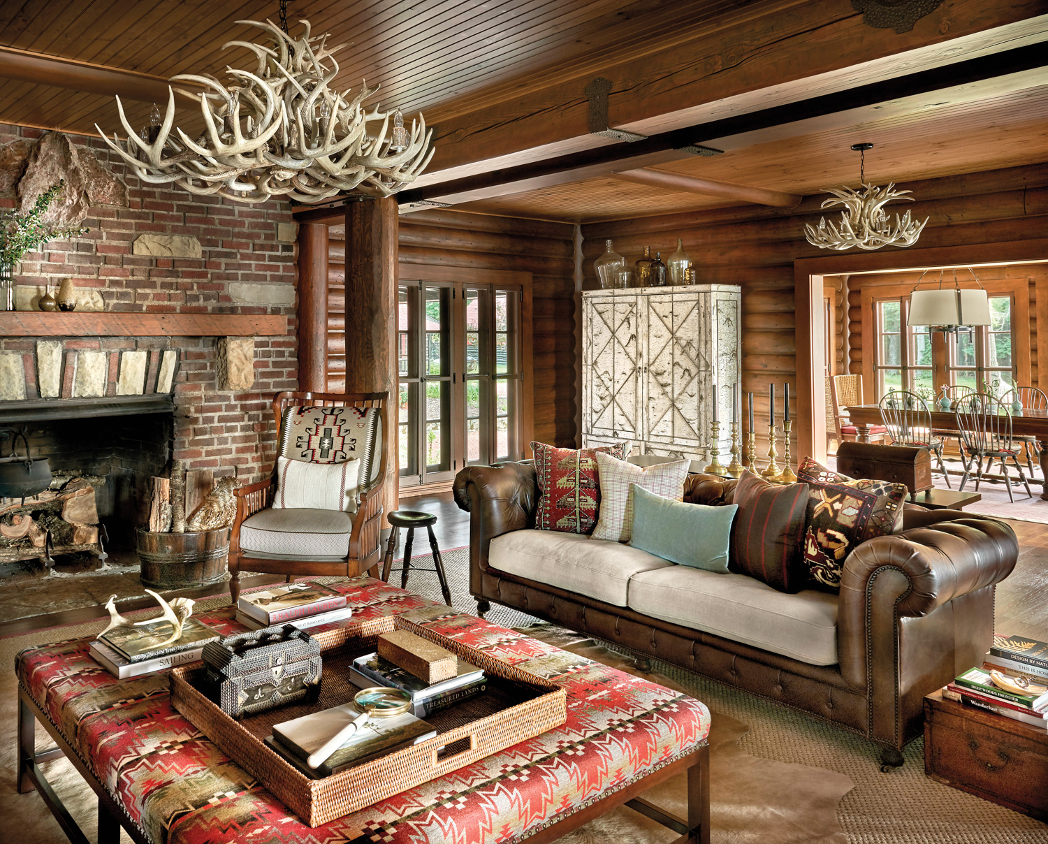 living room of a log...