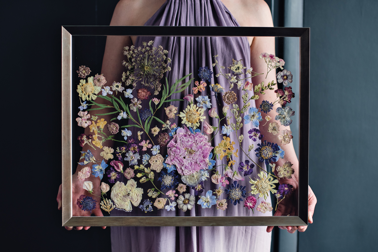 preserved-bouquet art pressed in a glass frame by Wild Blossoms Studio