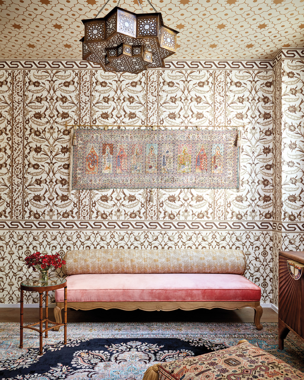 wellness design reflected in this prayer room with schumacher wallpaper