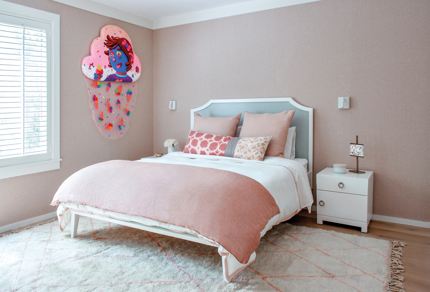 child's bedroom with pink walls,...