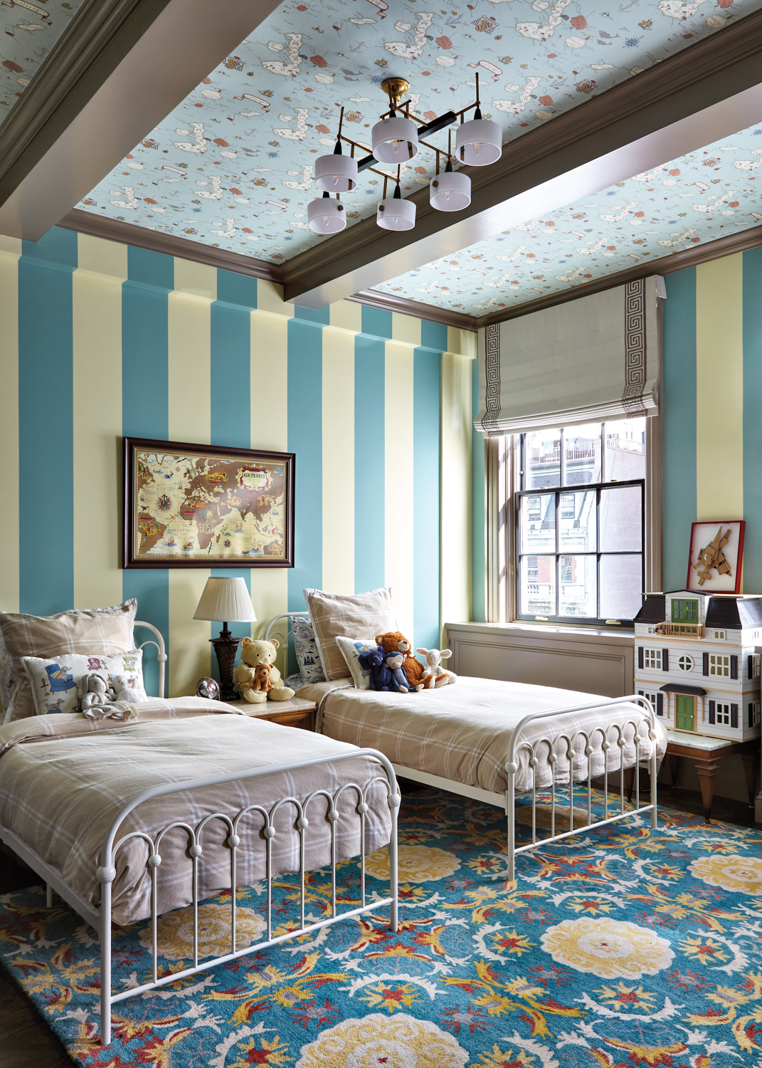 traditional blue-and-green striped kids room
