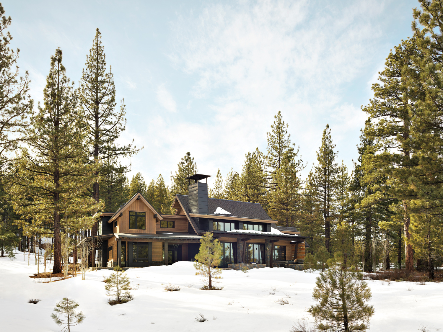 A Tahoe home sits in a grove of evergreens.