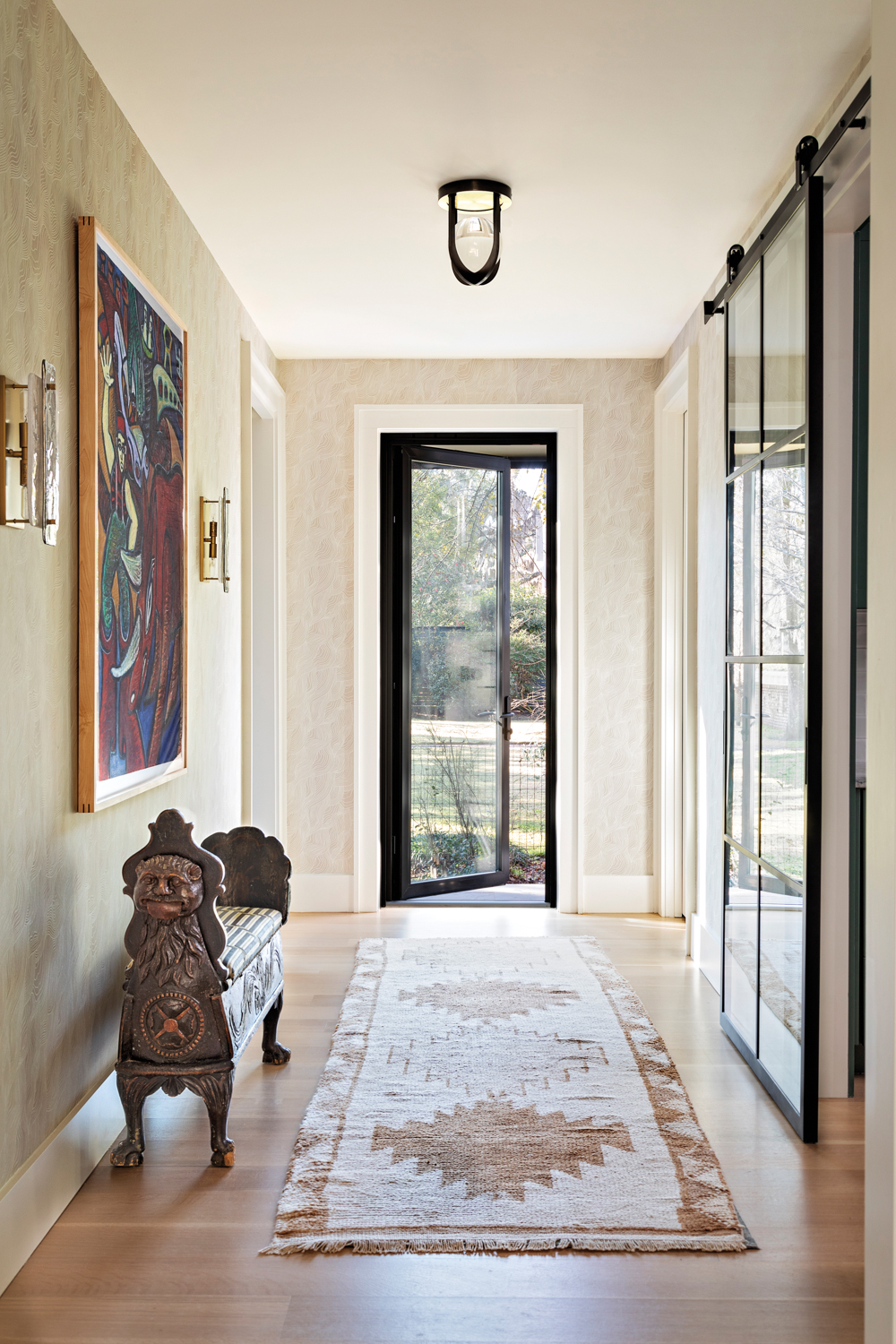 Long passageway with neutral textured...