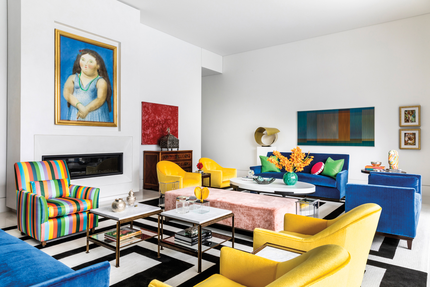 living room featuring bold colorful...