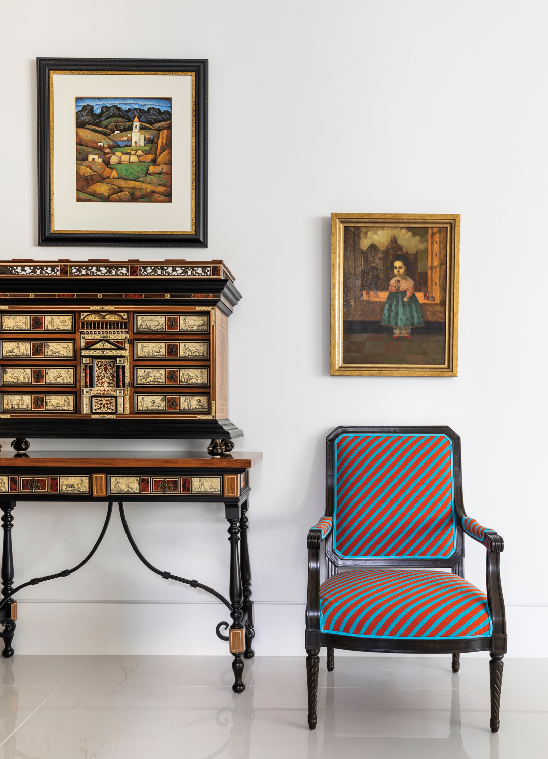 eclectic vignette featuring antiques and...