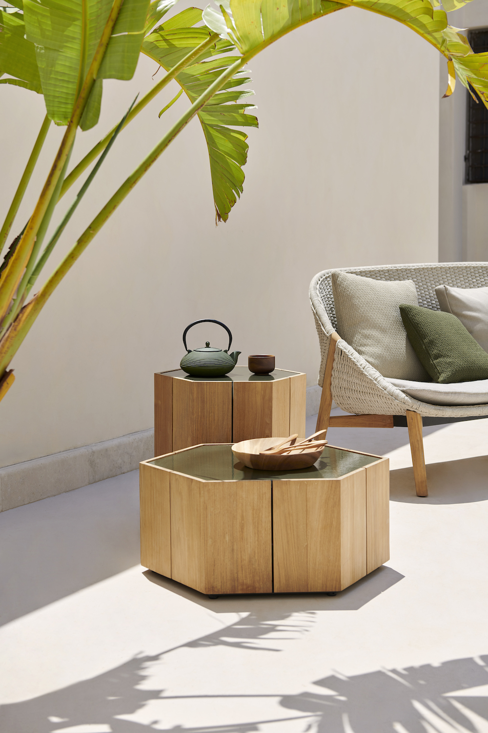 outdoor patio with hexagon wood table patio furniture in Los Angeles, California by Studio 471