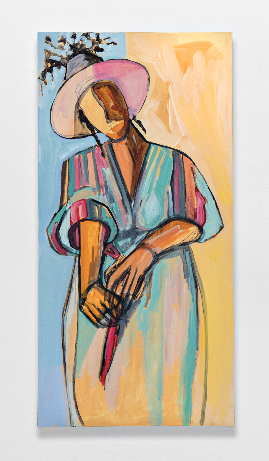 Portrait of a black woman with obscured facial features in colorful dress and hat on a blue and orange background.