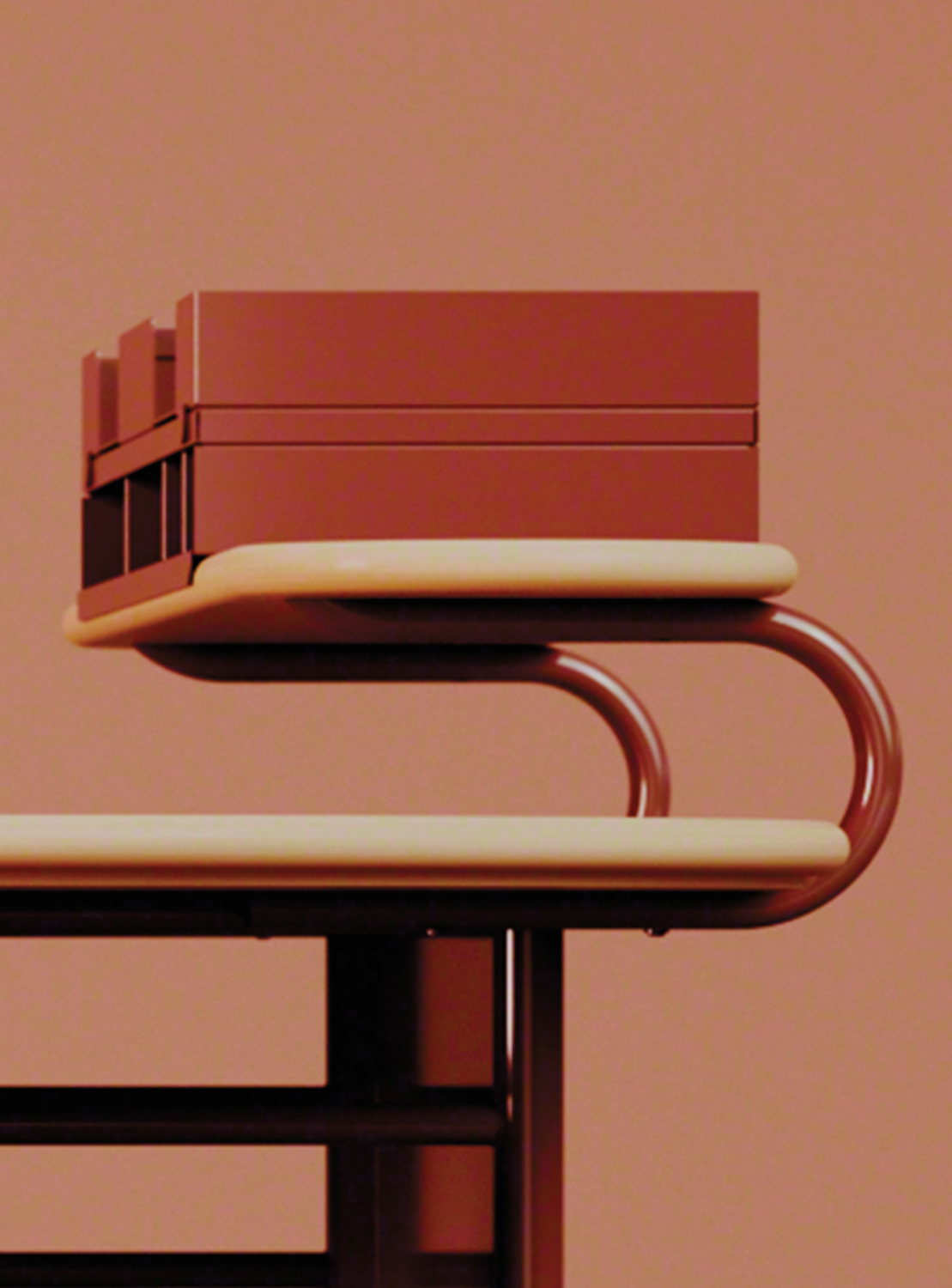 Detail shot of a furnishing by Frank Lloyd Wright for Steelcase with red-wood and cream detailing
