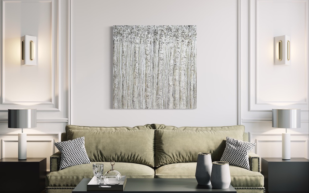 abstract wall art from MASH Gallery on the wall above modern green sofa with black and white pillows in a modern Los Angeles home