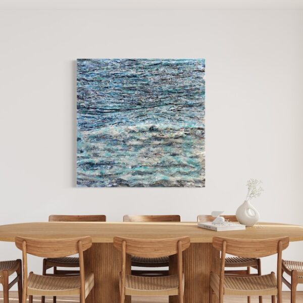 colorful blue painting wall art from MASH Gallery in a modern Los Angeles dining room with modern wood table and chairs.