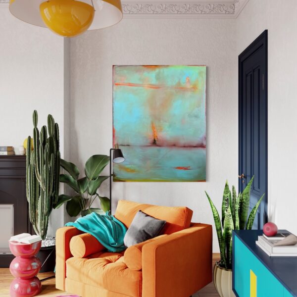 colorful abstract painting wall art from MASH Gallery in a modern Los Angeles living room with orange modern oversized chair, orange light and pink rug