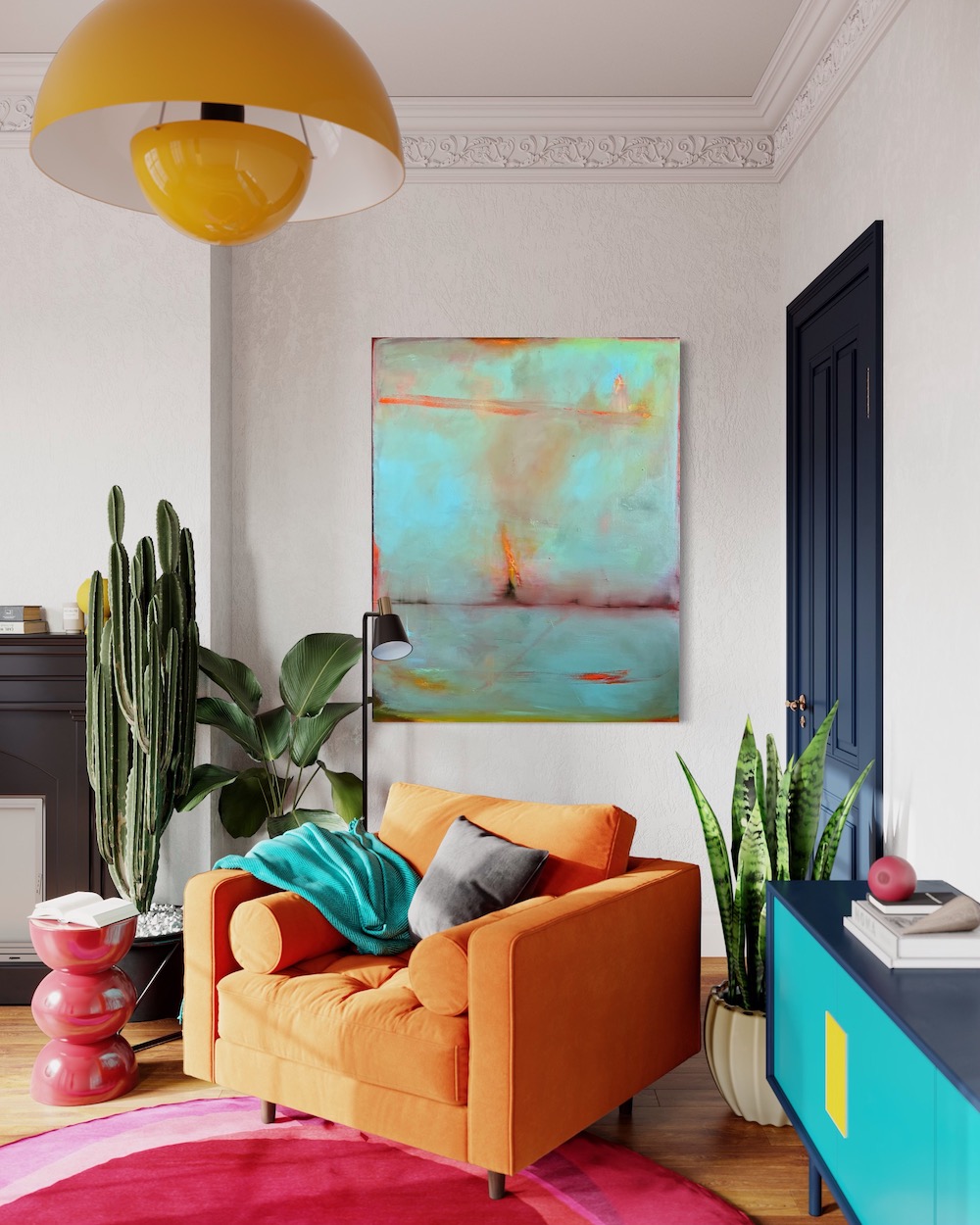 colorful abstract painting wall art from MASH Gallery in a modern Los Angeles living room with orange modern oversized chair, orange light and pink rug