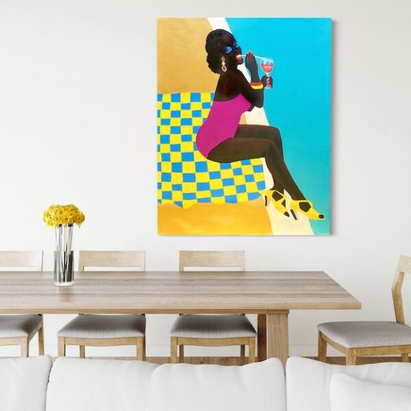 colorful pop wall art from MASH Gallery in a modern Los Angeles dining room with modern wood table and chairs.