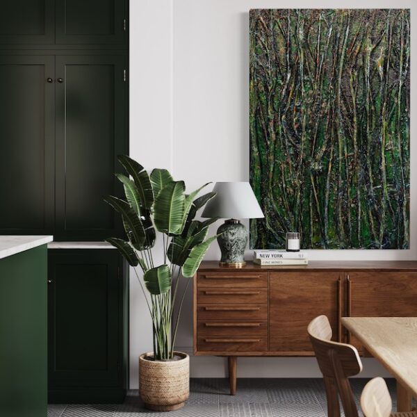 abstract painting wall art from MASH Gallery in a modern Los Angeles kitchen with modern wood table and wood mid-century modern credenza.