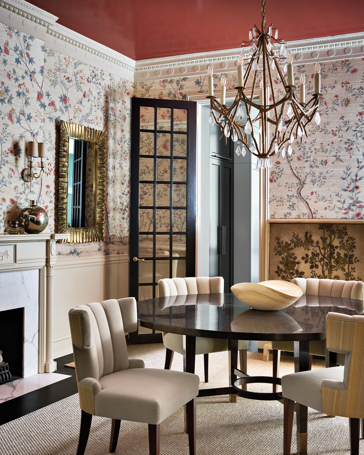 dining room with floral wallcovering,...
