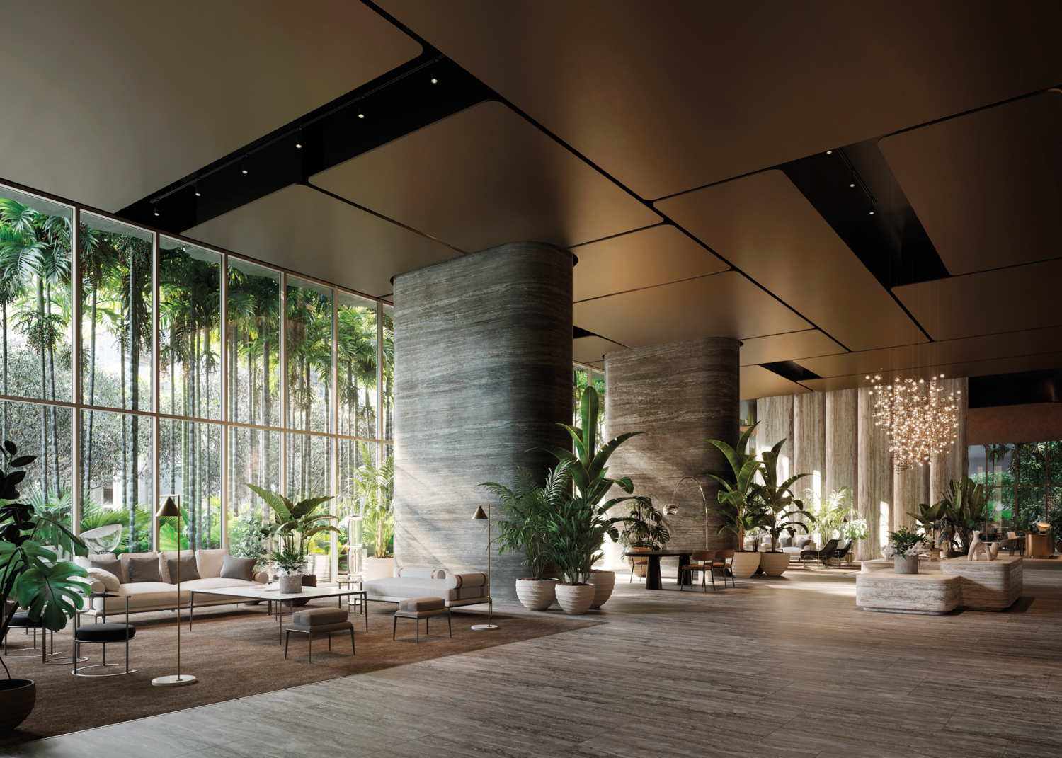 South Florida lobby with potted greenery around different seating areas with floor-to-ceiling windows