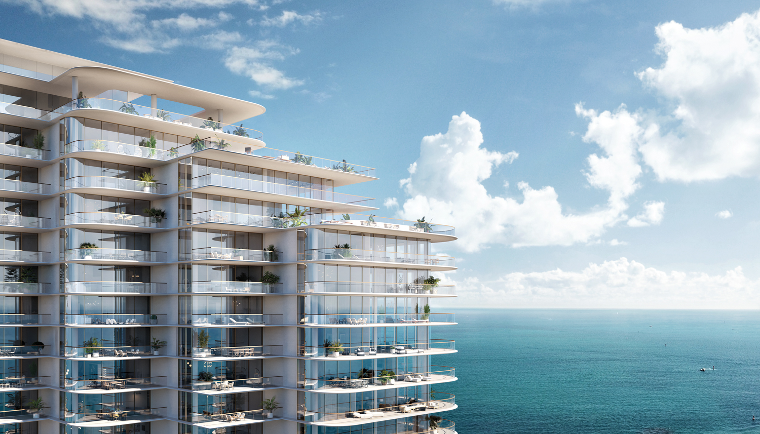 Exterior rendering of top several floors of high-rise condo building overlooking the water