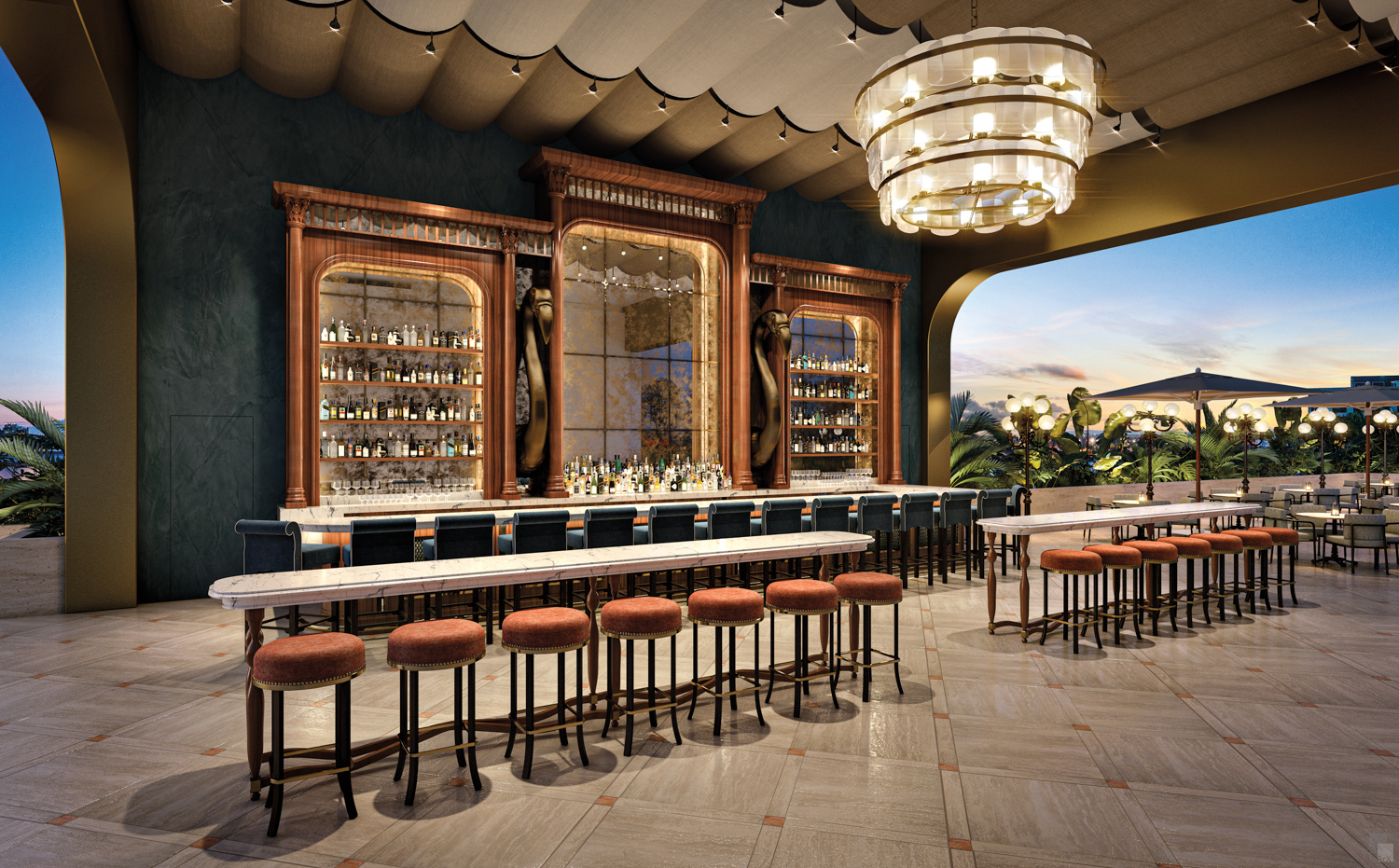 Rendering of interior-exterior speakeasy-style bar leading to outdoor restaurant seating