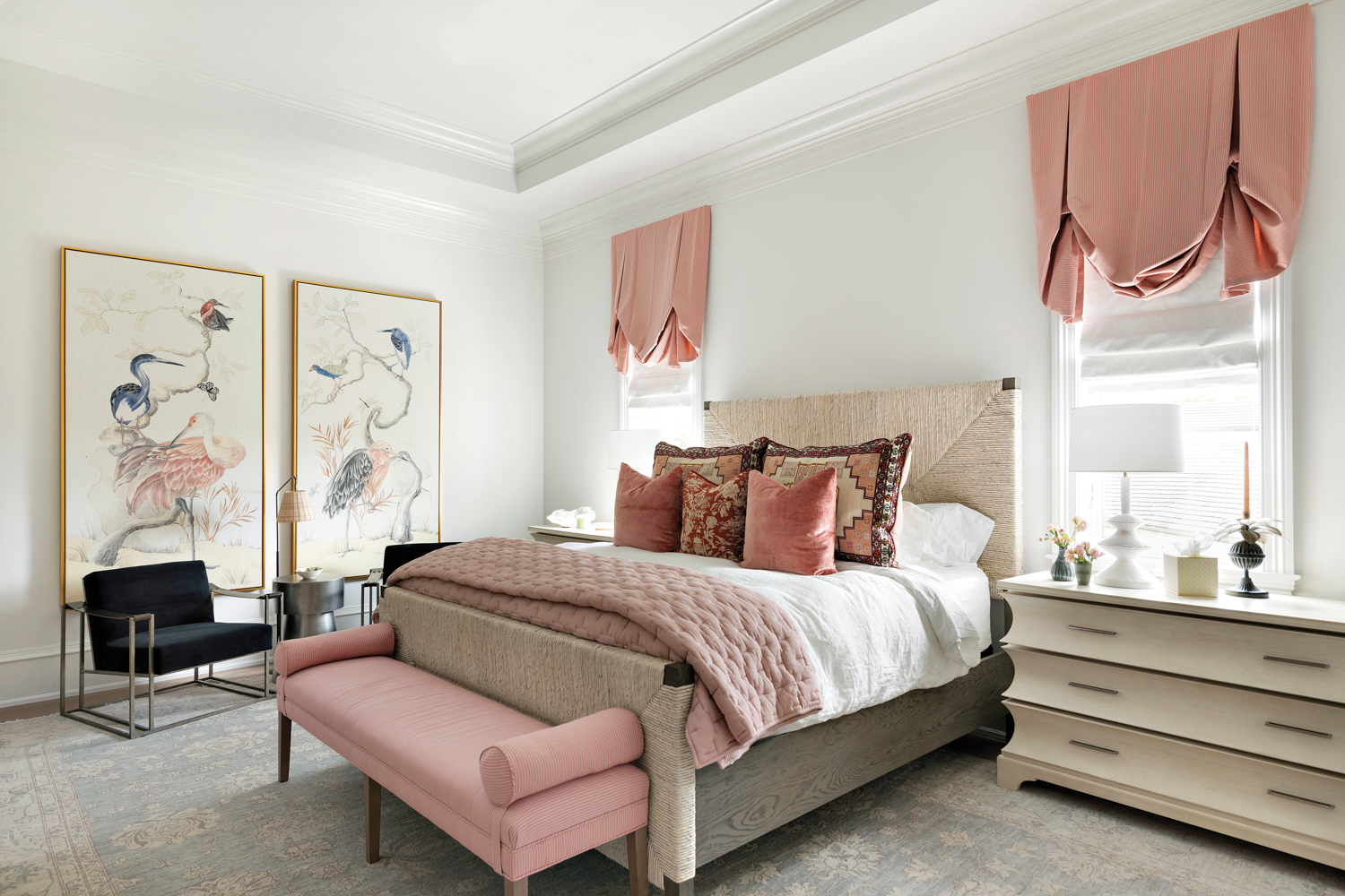 guest bedroom white pink bedding...