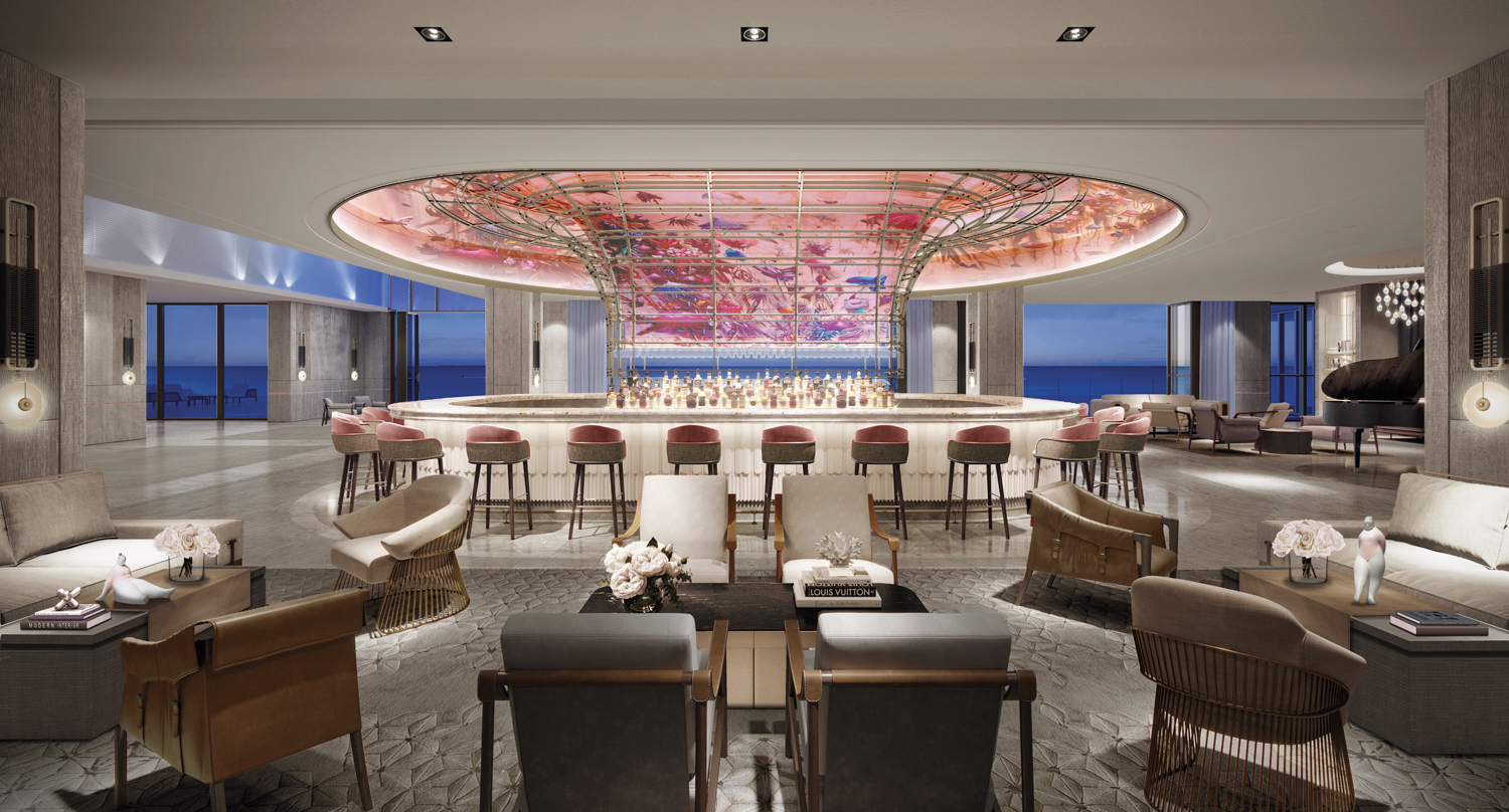 The bar in the center of this St. Regis resort is like a circus cage with pink high-back bar chairs