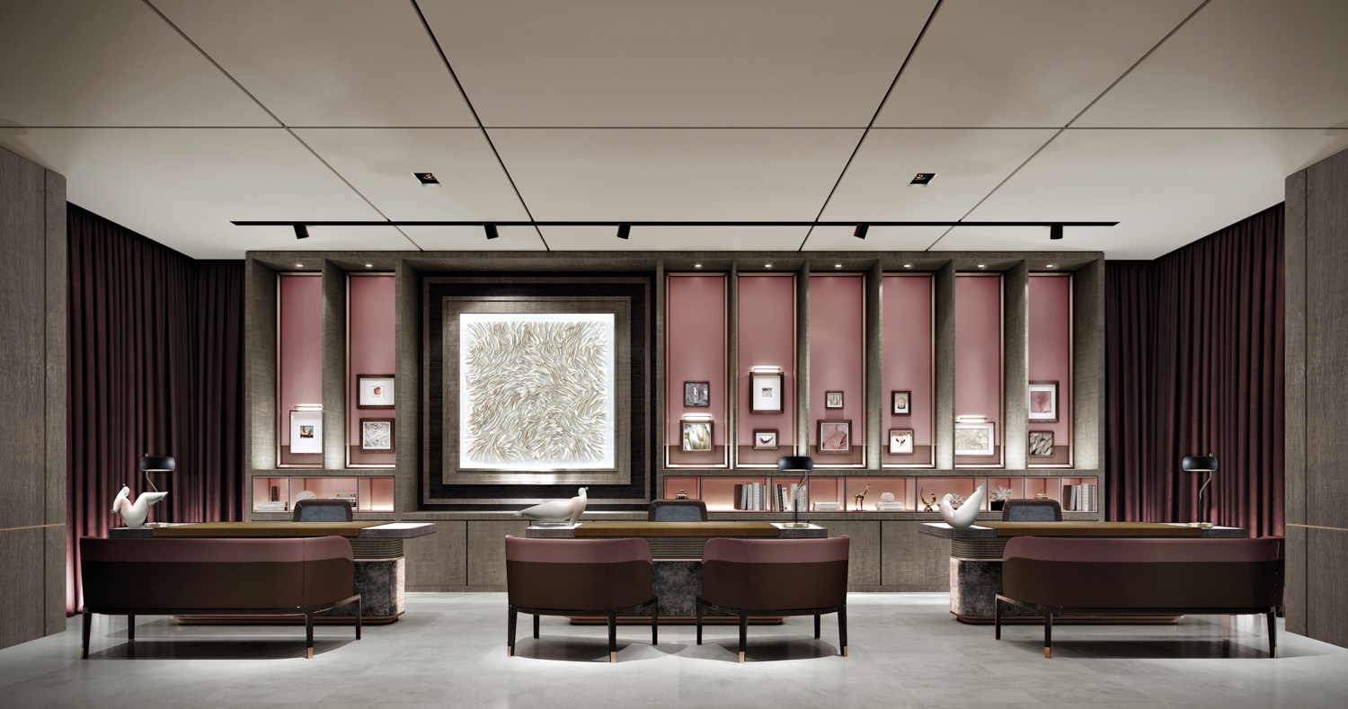 St. Regis Meeting space with desks, banquets, maroon floor-to-ceiling curtains and pink gallery wall