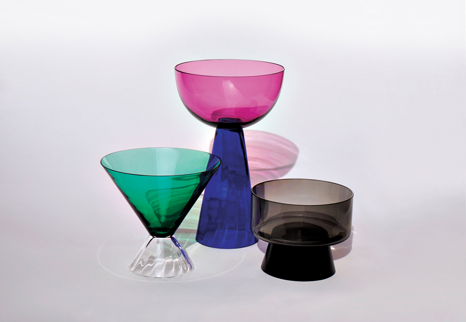 Three colored-glass, geometric-shaped glasses by Kickie Chudikova