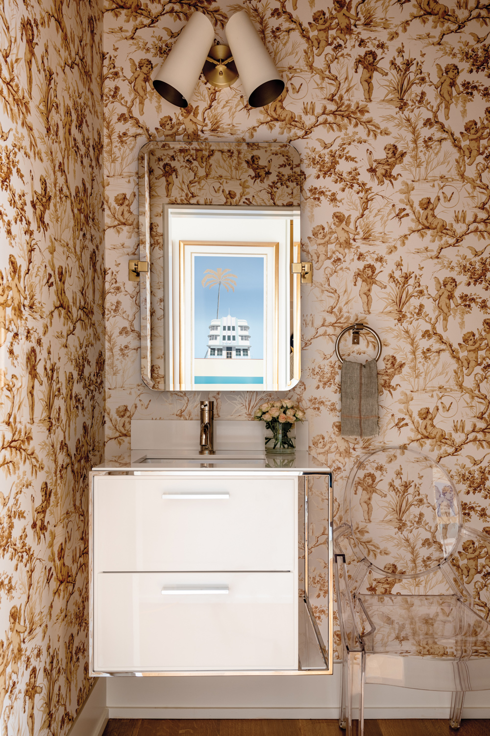 A powder room with a...