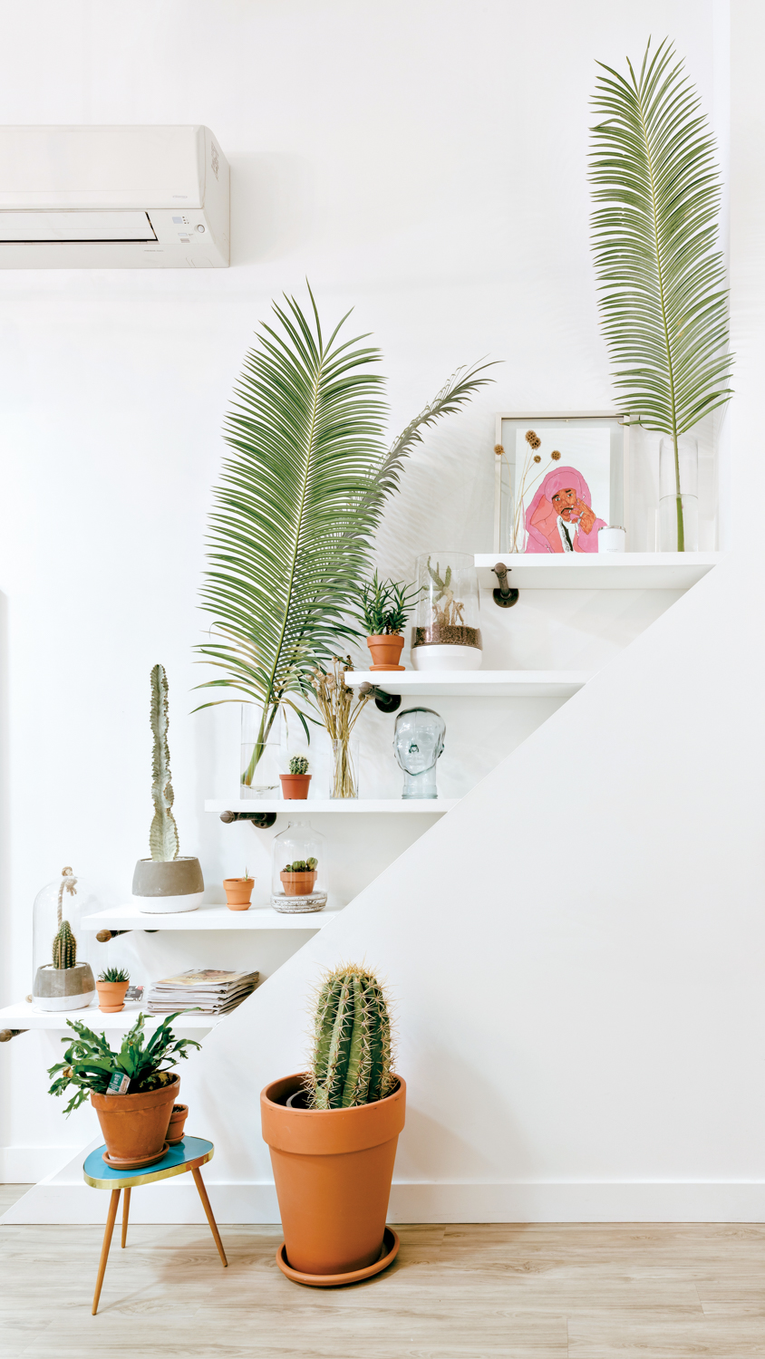 clean white interiors with staircase and potted plants