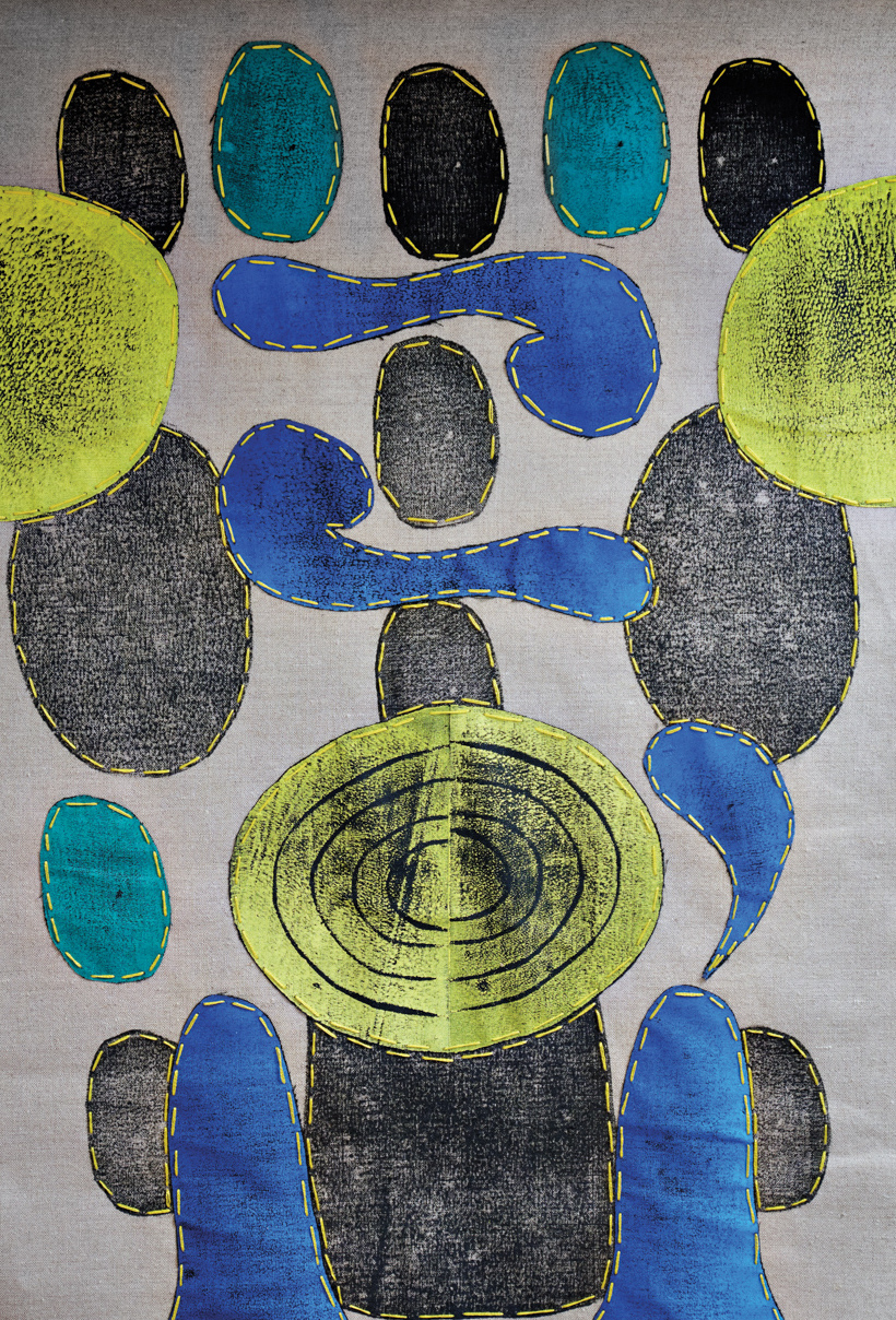 Print on linen with organic shapes in neon yellow, blue, turquoise and black