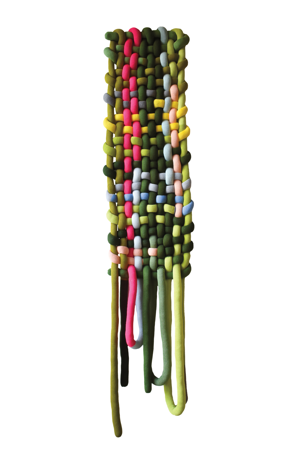 Green with pops of yellow, blue and pink jumbo knitted noodles, stuffed with polyester fiberfill then woven together