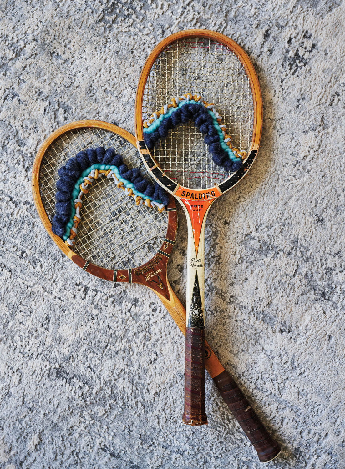 vintage woven rackets featuring wool and cotton fibers