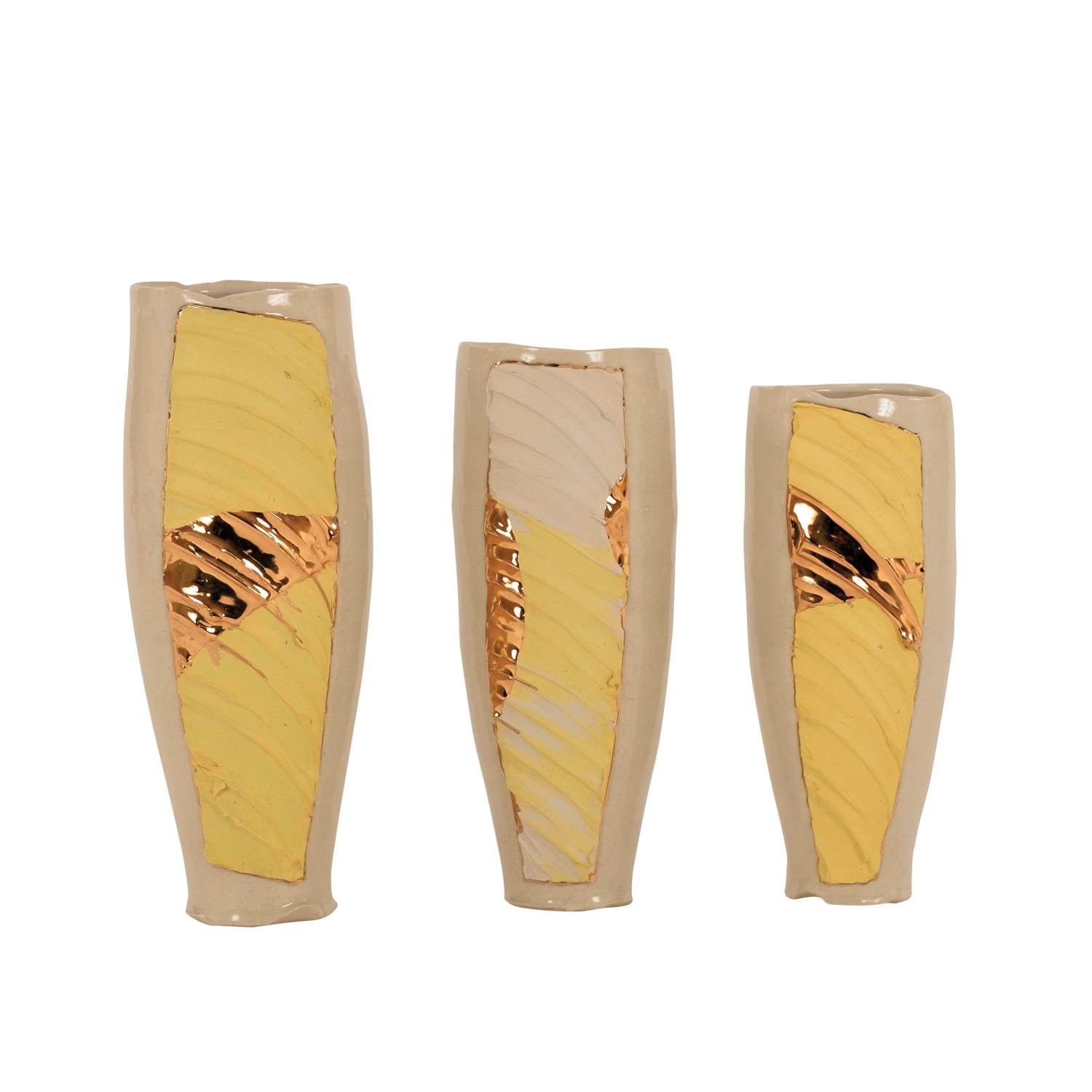 3 yellow-and-beige vases with cooper accents lined up from left to right, tallest to smallest