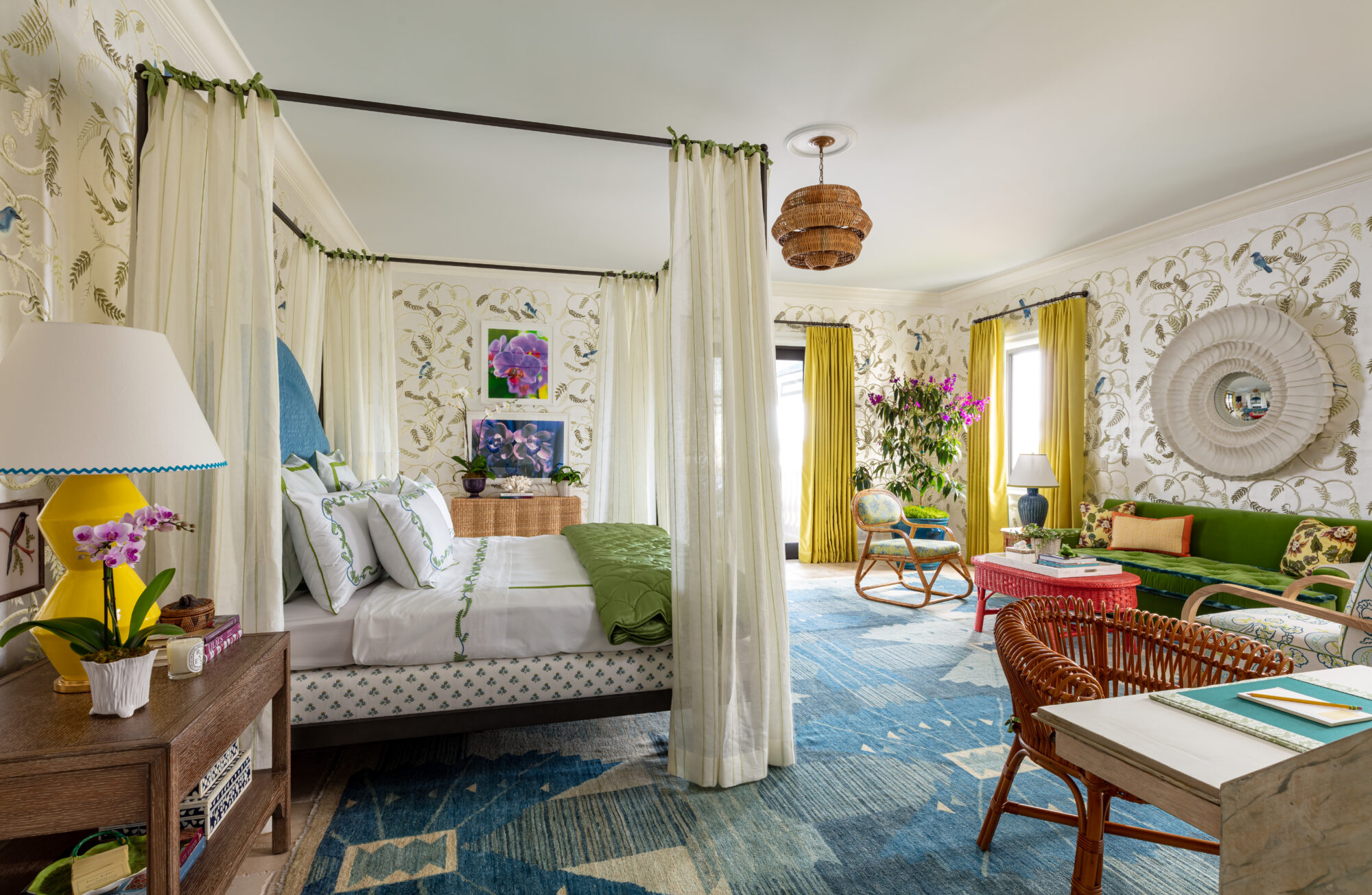 garden-inspired maximalist guest suite with bedroom, office desk and chair and seating area