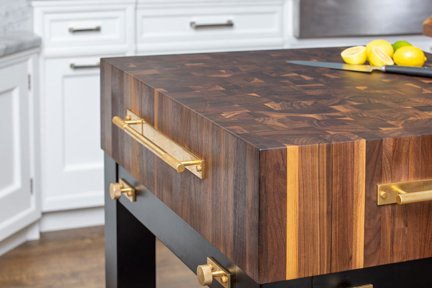 close up of butcher block design by grothouse with brass accents 