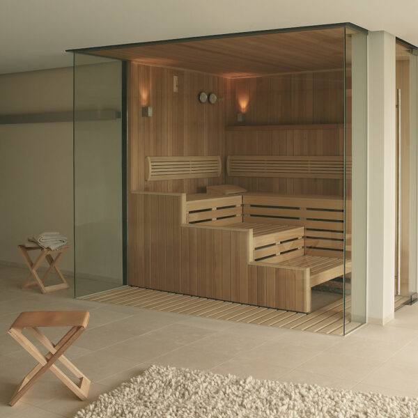 KLAFS Saunas with full glass fronts in minimalistic Los Angeles home spa