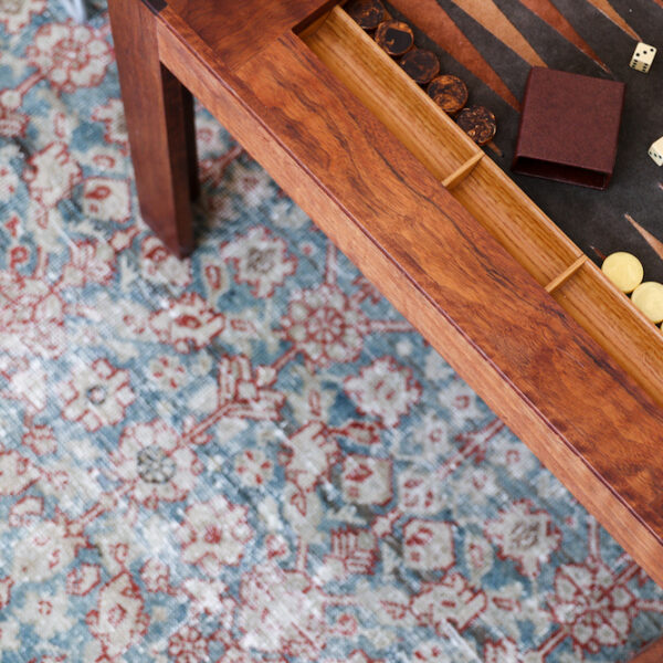 traditional living room rug and backgammon table in Los Angeles home by Lawrence of La Brea