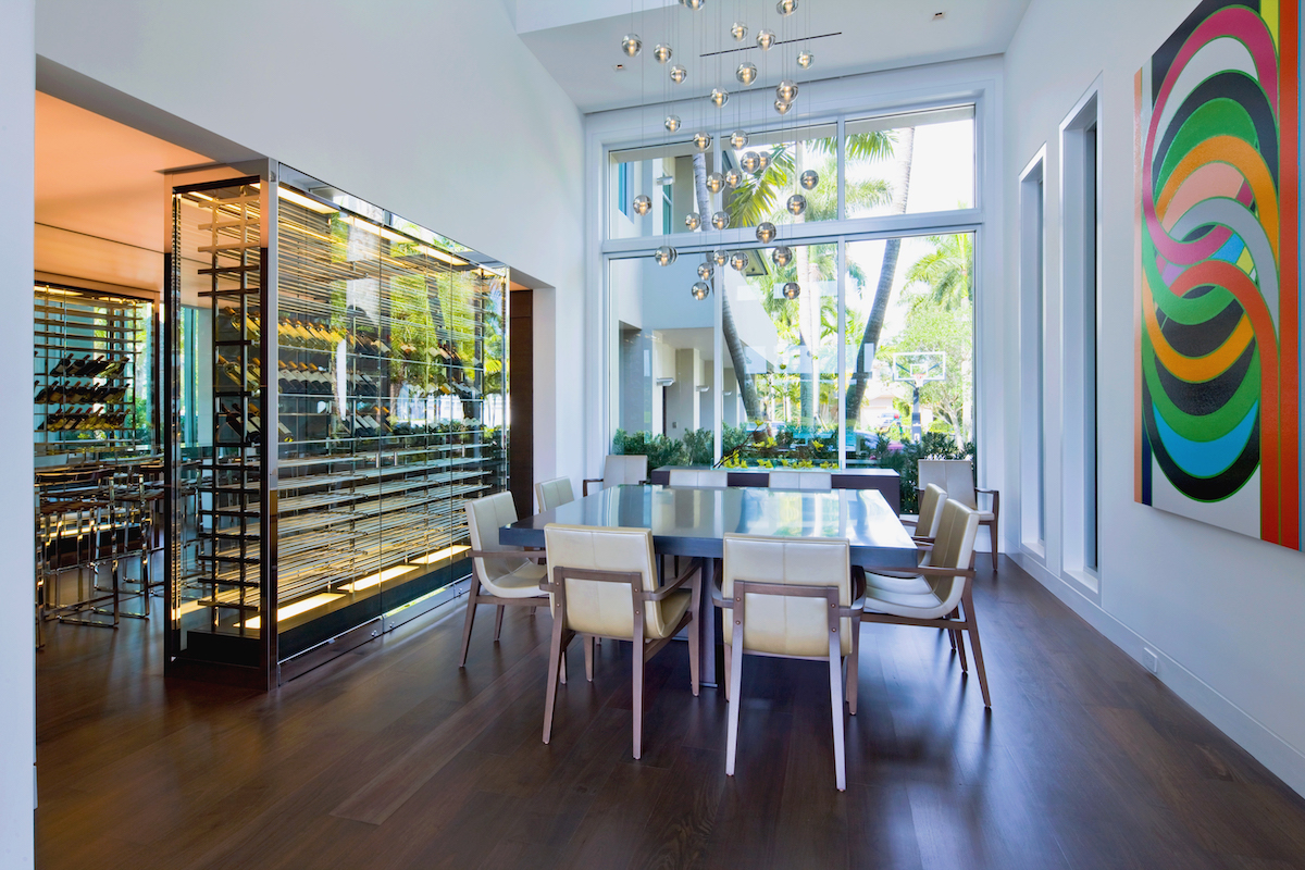 Wine wall, large dining table, large art