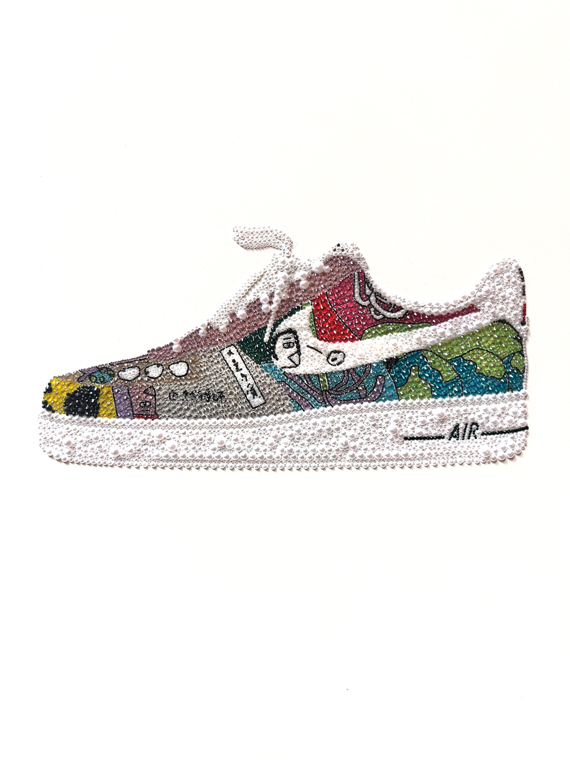 Sneaker made of thousands of rhinestones, crystals and pearls with a Nike swoop by Stef Ross