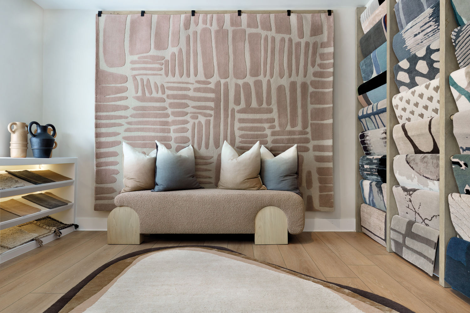 A blush rug hangs on a wall behind a couch with rug samples from Art + Loom