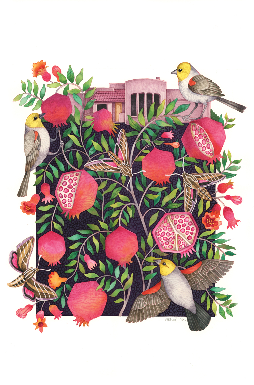 Artwork representing fruit, birds and vines
