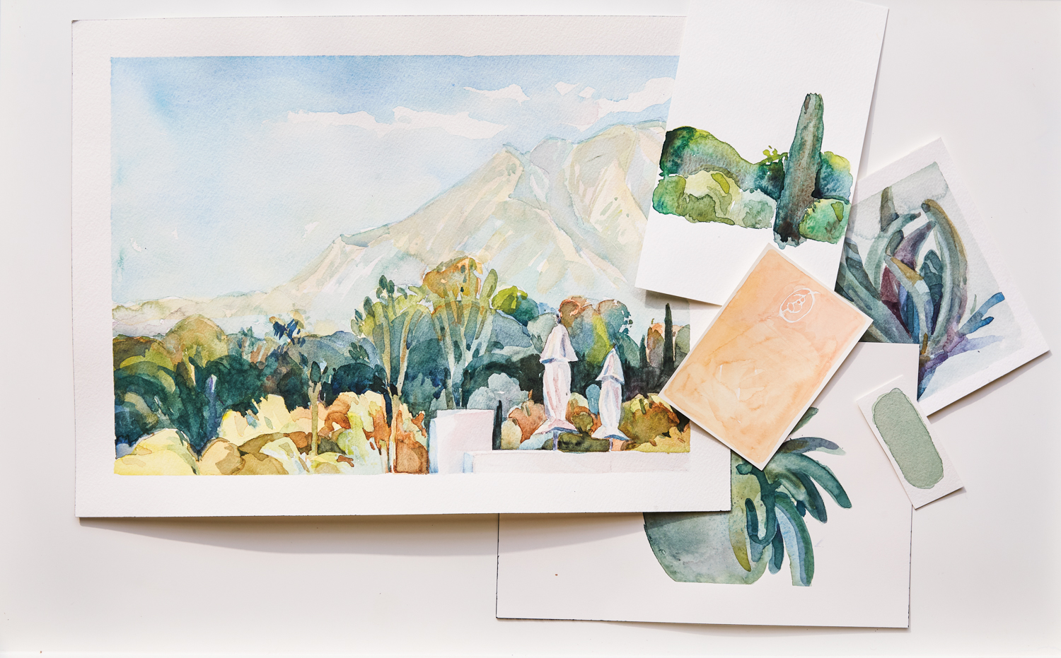 Watercolors of Southern California landscapes that inspired the Barbara Barry x Kravet Ojai collab