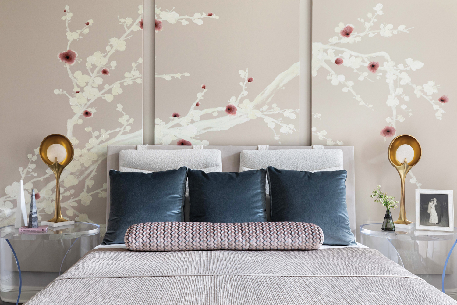 bedroom with cherry blossom illustrated...