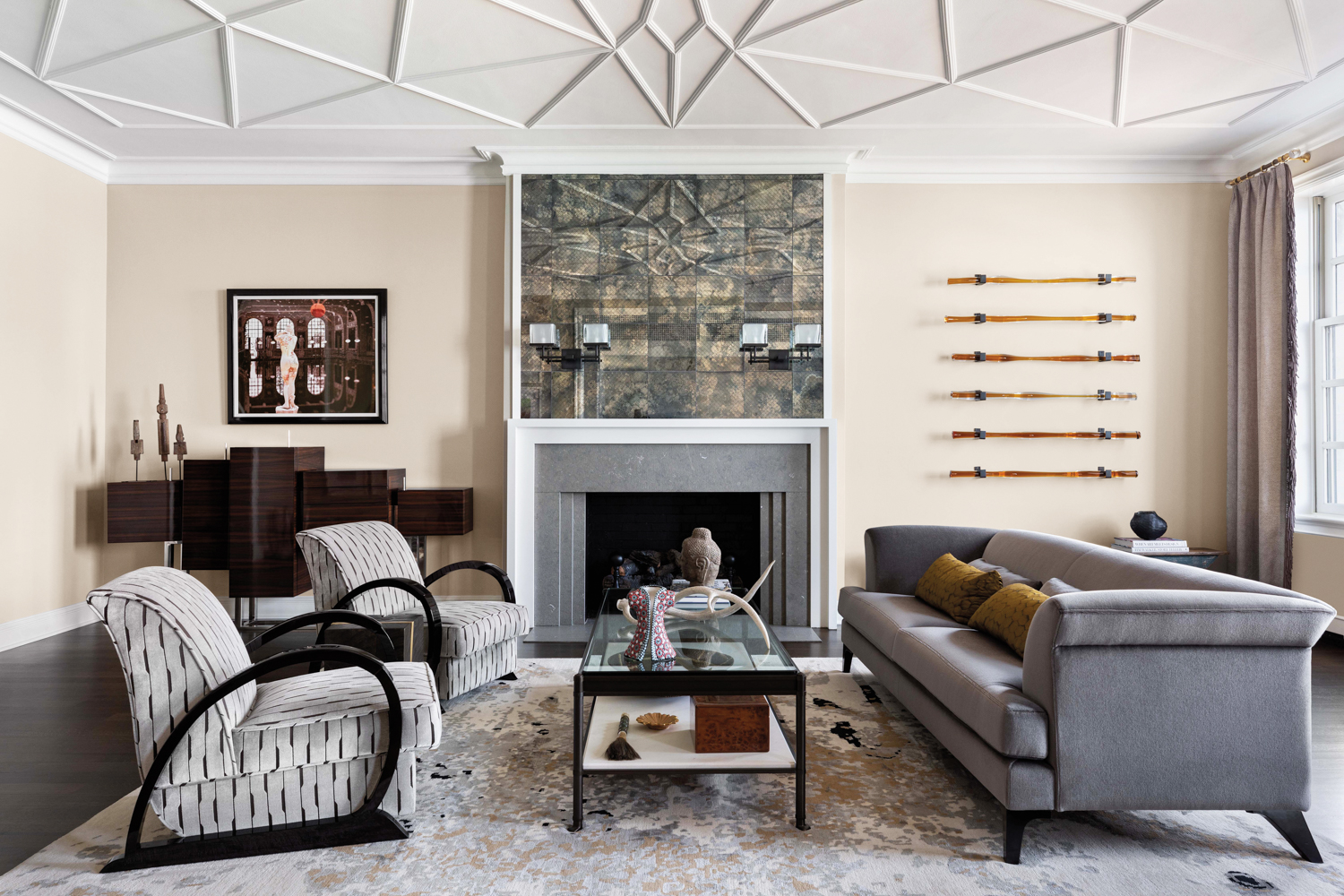 living room with coffered ceilings,...
