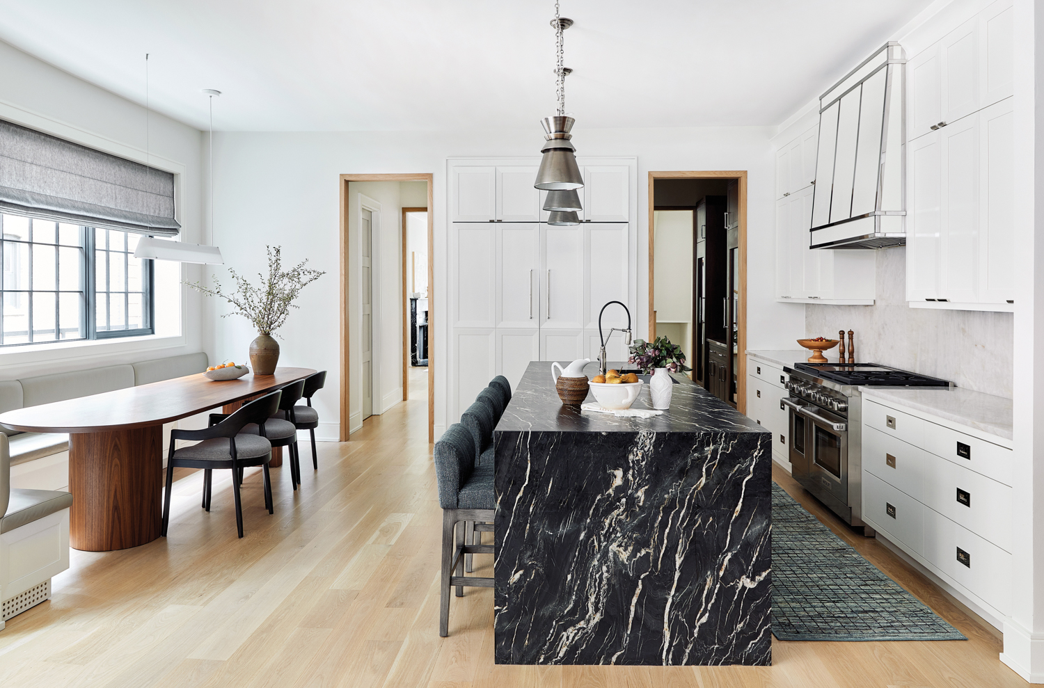 kitchen with black marble island...