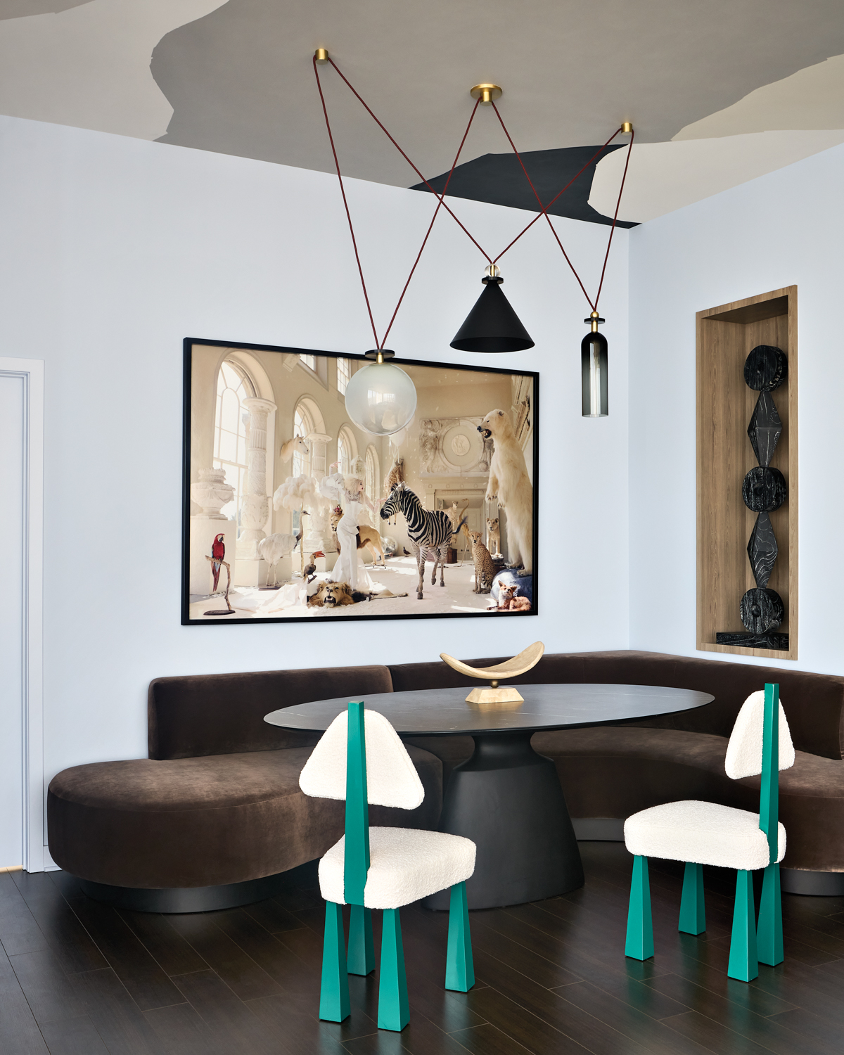 dining banquette with sculptural chairs,...