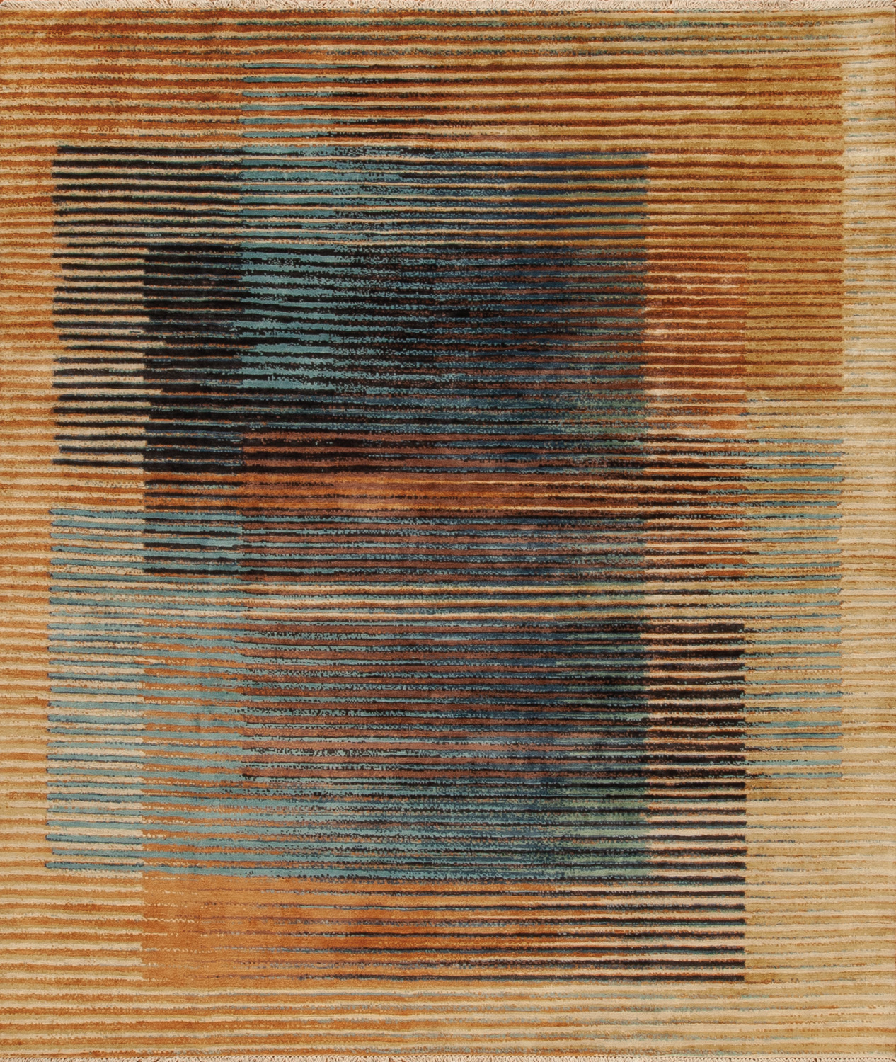 layered rug with blue and orange rectangles