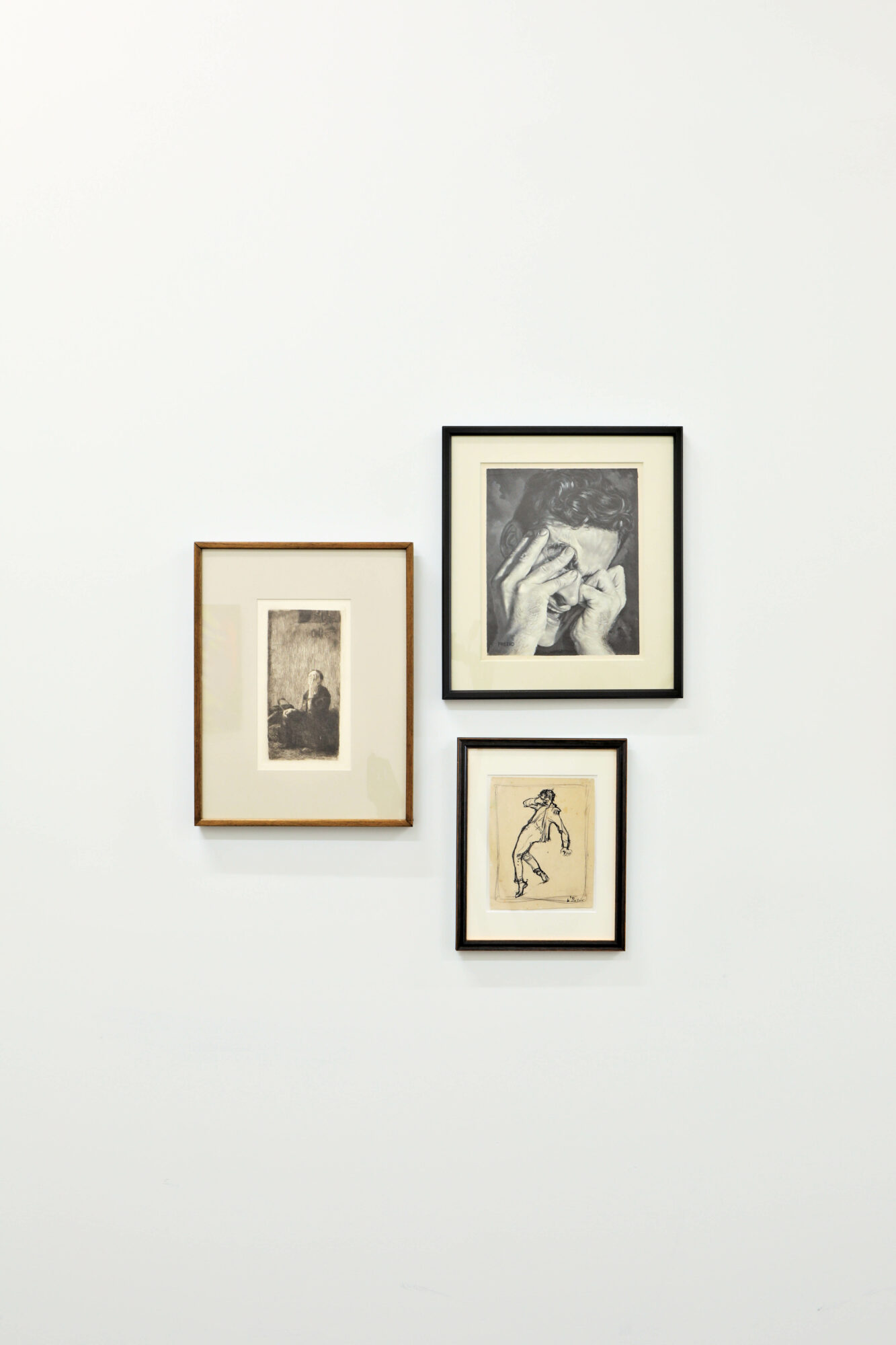 Three framed artworks on view at "B" Dry Goods, part of the New York art scene