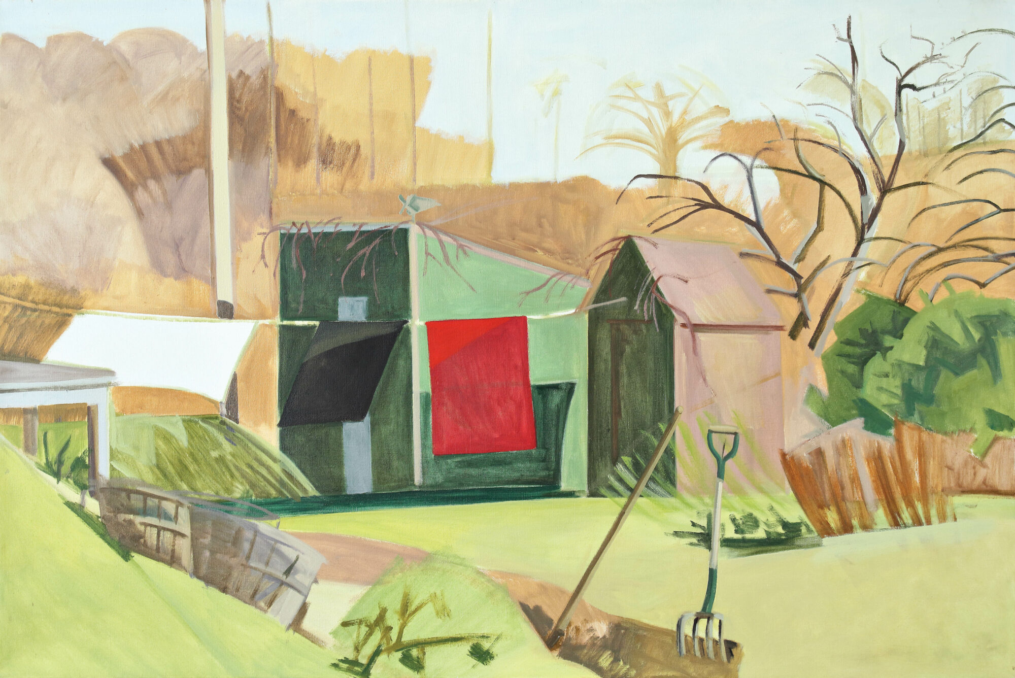 Lois Dodd painting showing a house with a pitchfork in the ground and clothes hanging on a line