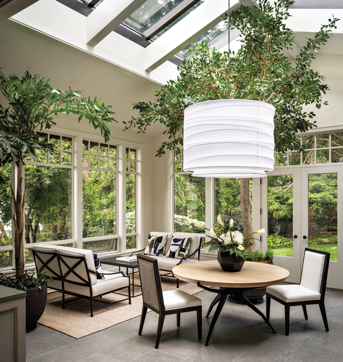 wellness room has a large light fixture and is inspired by the Whidbey Island landscape