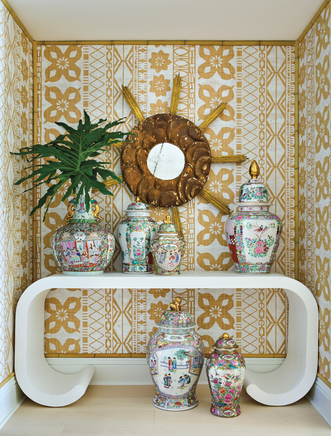 Italian mirror and multicolored porcelain...